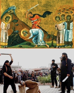 A painting depicting the Martyrs of Najran and below is an image of ISIL's brutal beheadings 